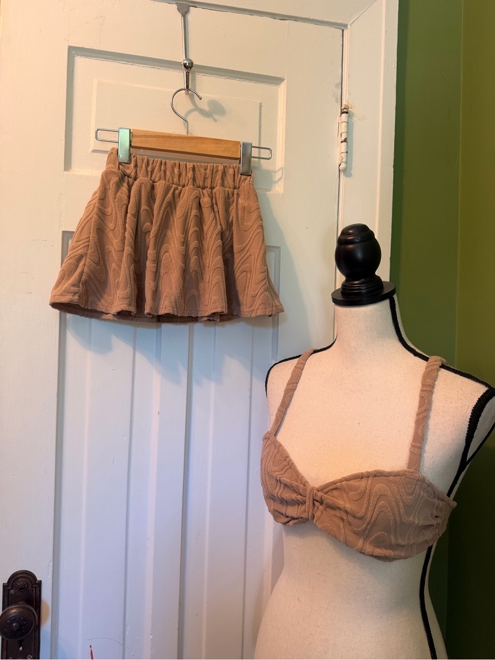Tan Textured Two-Piece Skirt and Crop Top Set
